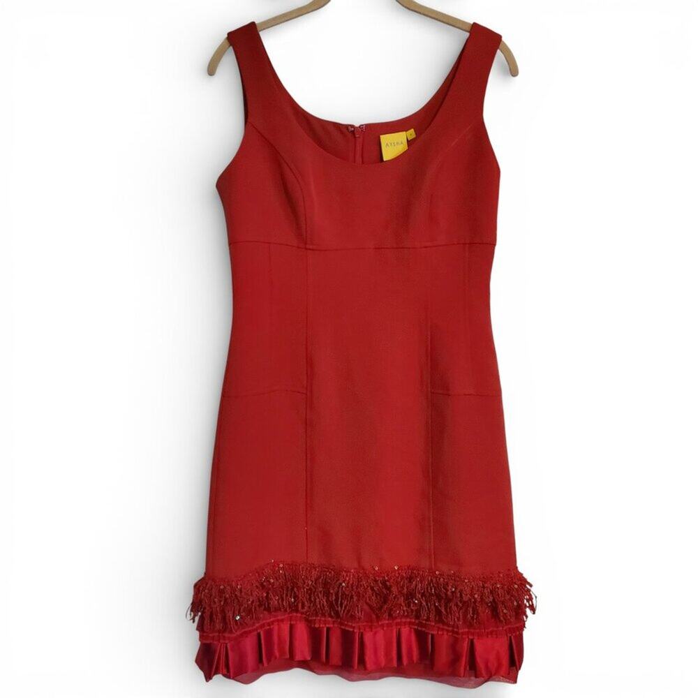 Aysha red silk fringe sleeveless mini dress with a sequin border and tulle hem